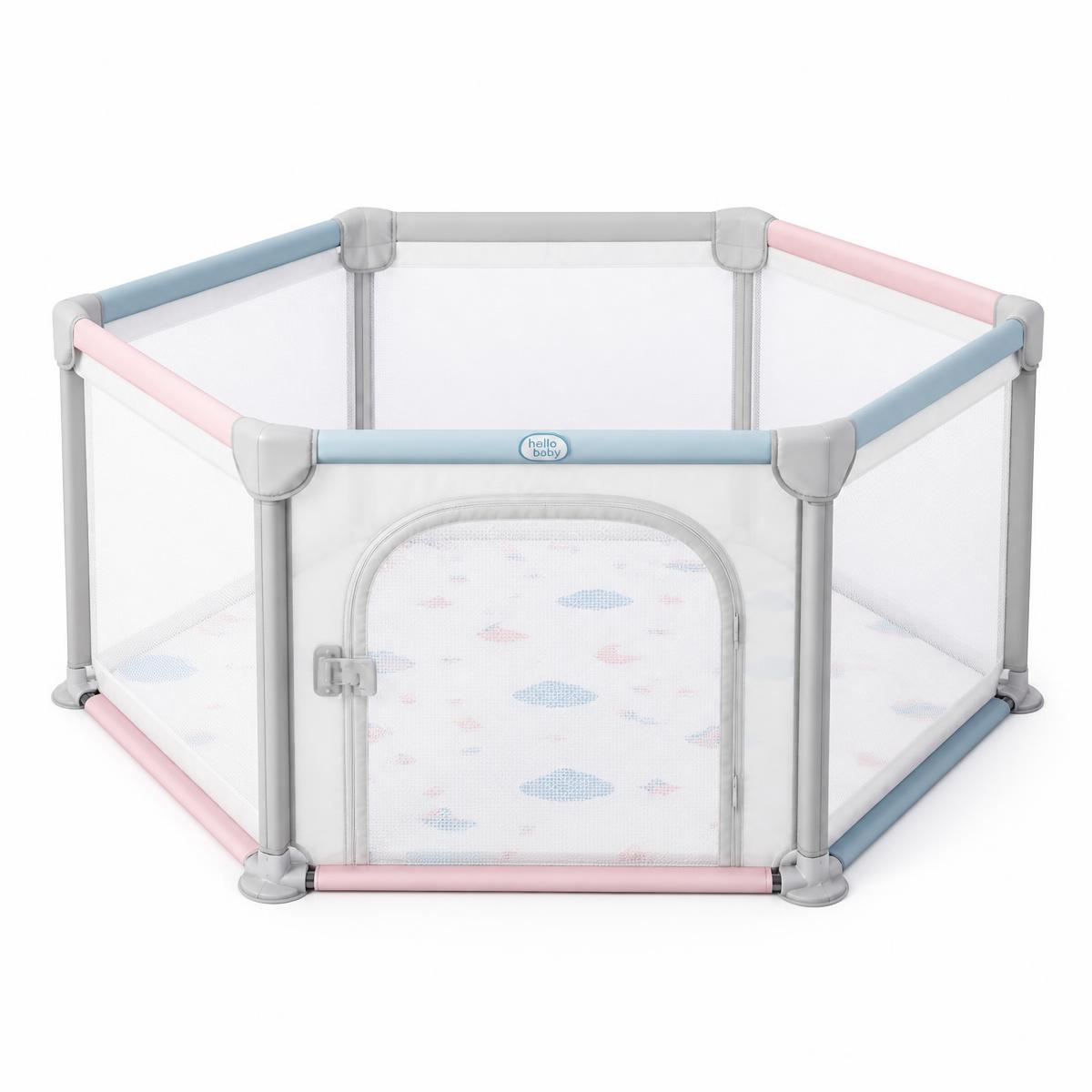 Premium Baby Play Pen — সাদা মেশ প্যানেল ও সেফটি গেট সহ